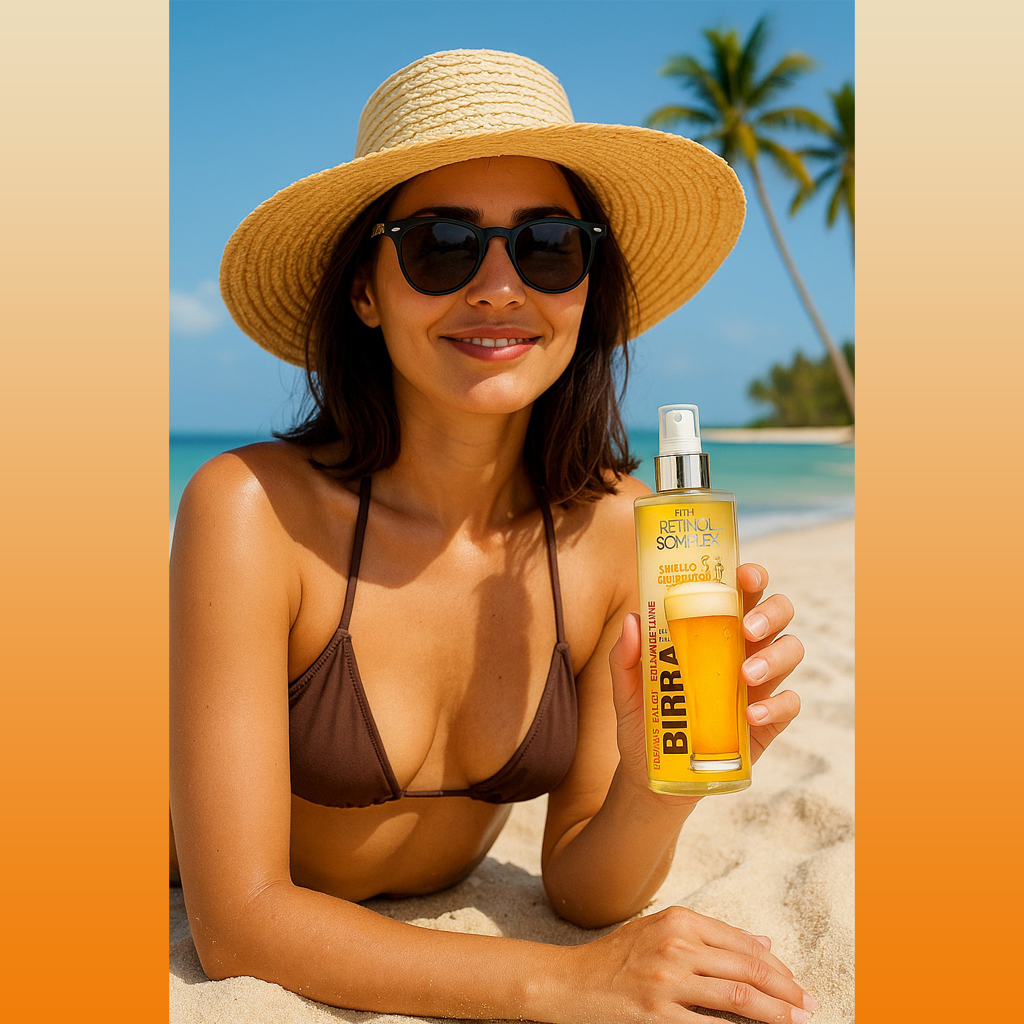 donna con spray solare alla birra su spiaggia