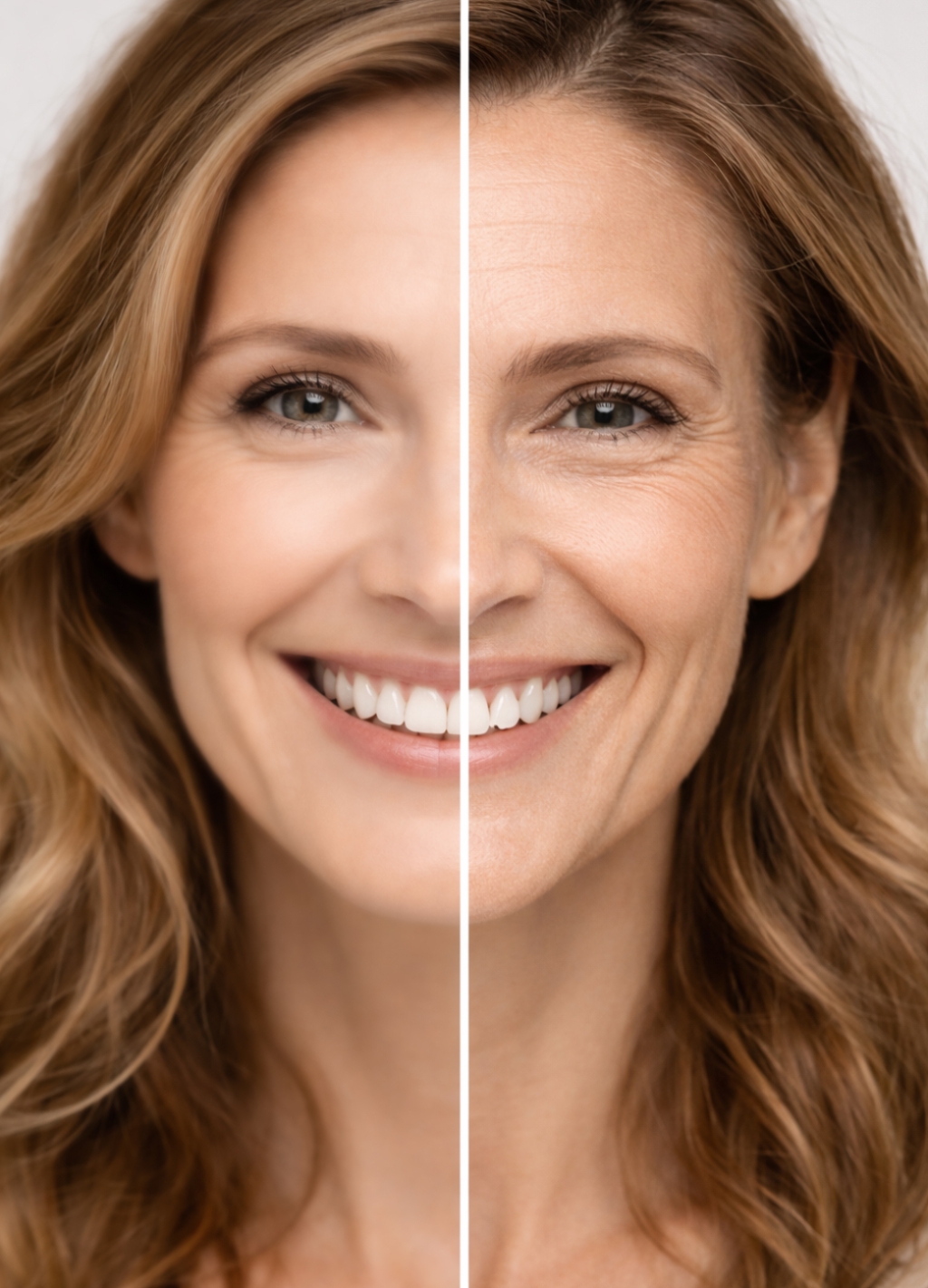 Viso donna con rughe e con una parte con meno rughe